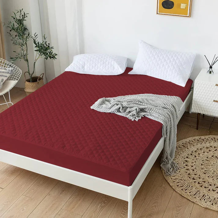 Quilted 100% Waterproof Mattress Cover For Double bed Fitted Mattress Protector Anti Sleep Bed Sheet - Maroon